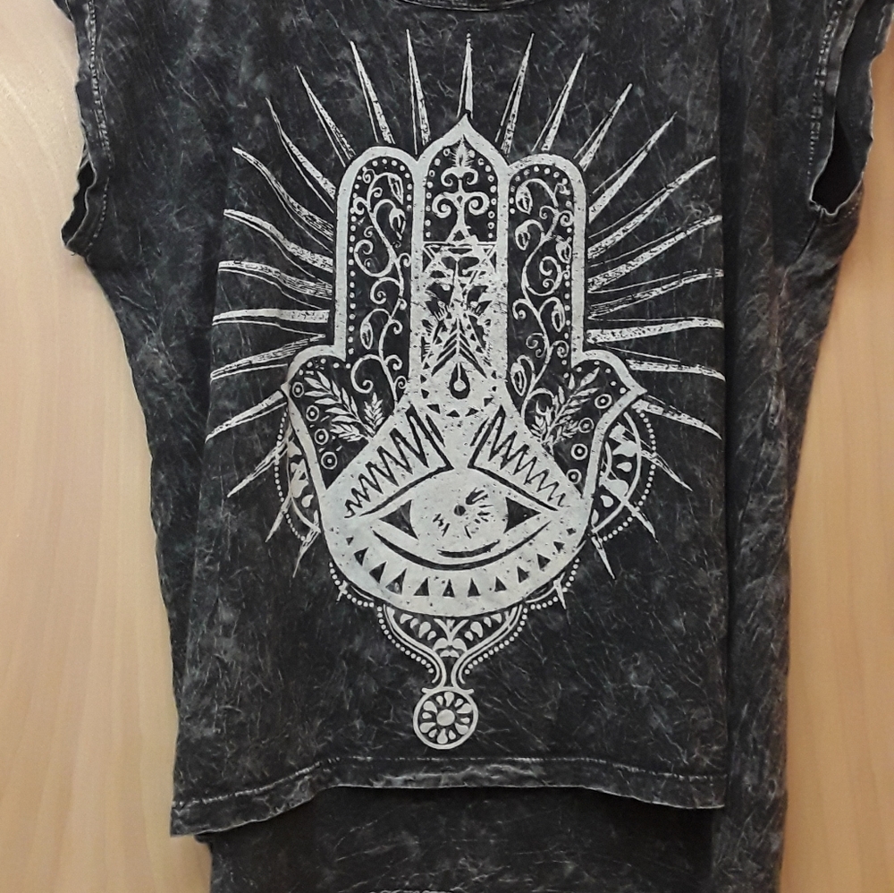 Grey Hamsa Evil Eye Boho Crop Mineral Wash Top